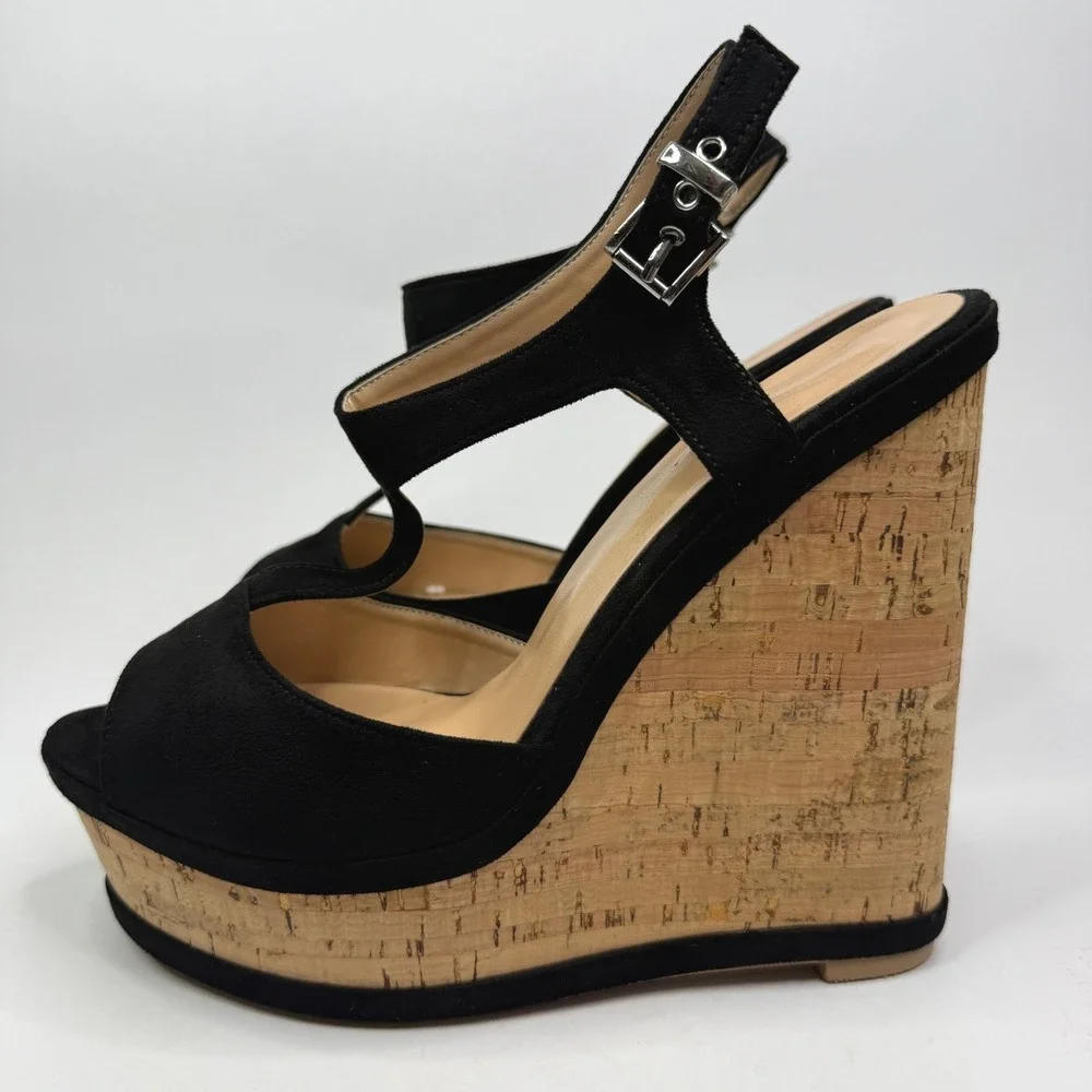 IDIFU IN5 Polly Wedges Womens 9 Black Nubuck Cork Platform T-Strap Sandals